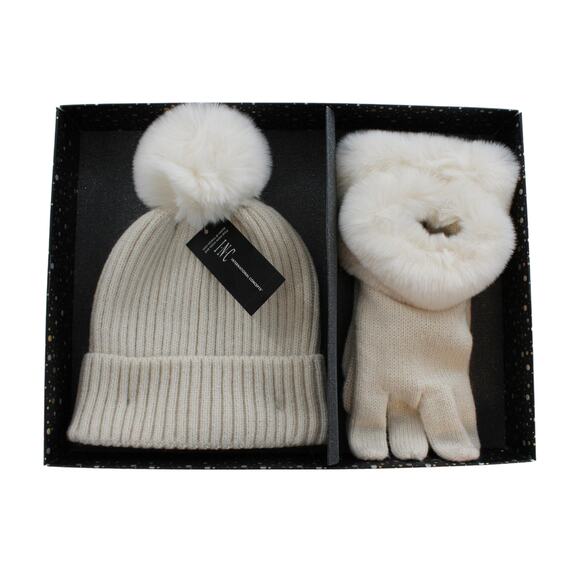 INC International Concepts Faux Fur Ivory Beanie Hat & Gloves Gift Set #GS002 - Picture 1 of 2